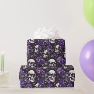 Gothic Black Lila Skulls Rose Wrapping Paper Geschenkpapier