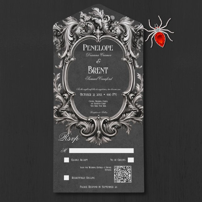 Gothic Black Moody Viktorianisch Frame QR Code All In One Einladung (Gothic Black Moody Victorian Frame QR Code All In One Invitation)