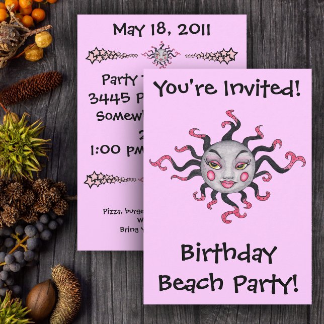 Gothic Black Pink Sun Goddess Einladungen (Fantasy Black and pink sun with pretty face on pink party invitation.)