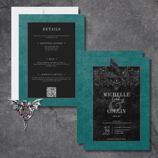 Gothic Black Raven & Black Rose Aquamarin Einladung (Gothic Black Raven & Black Roses Teal All In One Invitation)