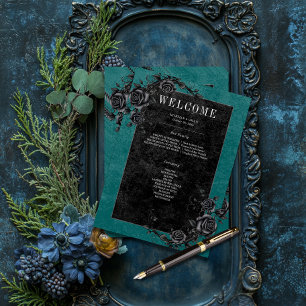 Gothic Black Raven & Black Rose Aquamarine Hochzei Programm