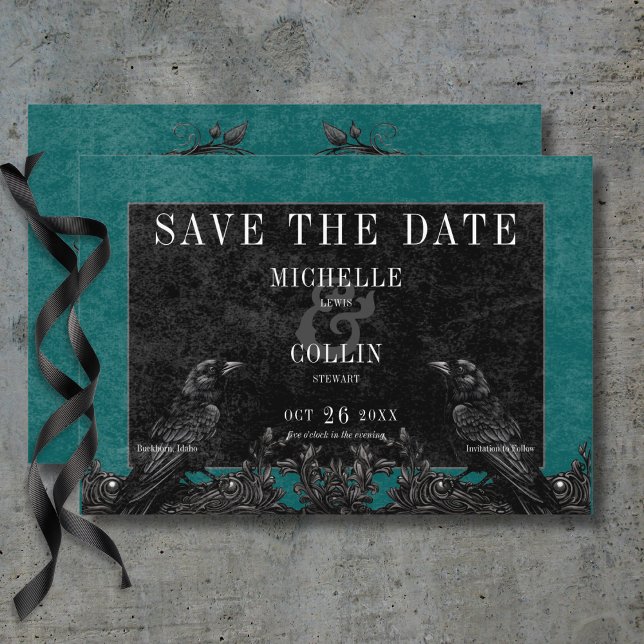 Gothic Black Raven & Black Rose Aquamarine Hochzei Save The Date (Gothic Black Raven & Black Roses Teal Wedding Save Save The Date Card)
