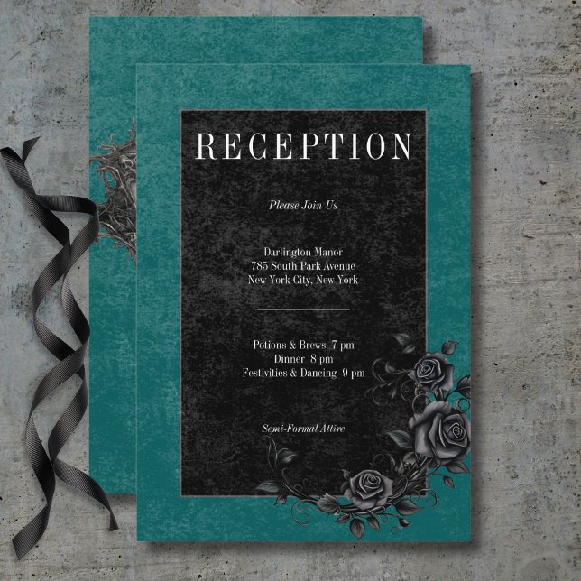 Gothic Black Raven & Black Rose Aquamariner Empfan Begleitkarte (Gothic Black Raven & Black Roses Teal Reception Enclosure Card)