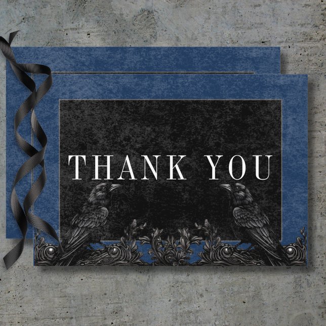 Gothic Black Raven & Black Rose Blaue Details Dankeskarte (Gothic Black Raven & Black Roses Blue Details Thank You Card)