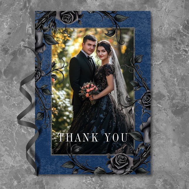 Gothic Black Raven Black Rose Blue Foto Wedding Dankeskarte (Gothic Black Raven Black Roses Blue Photo Wedding Thank You Card)