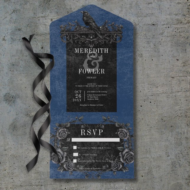 Gothic Black Raven & Black Rose Blue No Dinner All In One Einladung (Gothic Black Raven & Black Roses Blue No Dinner All In One Invitation)