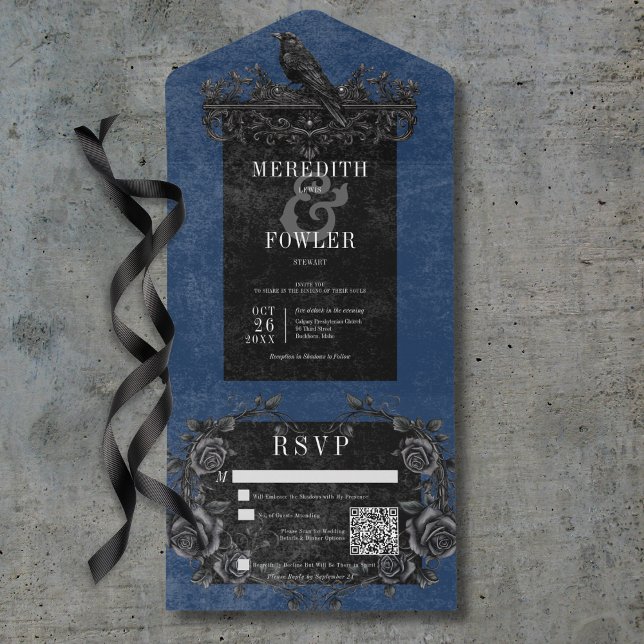 Gothic Black Raven & Black Rose Blue QR Code All In One Einladung (Gothic Black Raven & Black Roses Blue QR Code All In One Invitation)