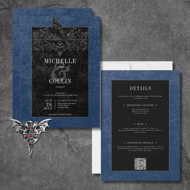 Gothic Black Raven & Black Rose Blue Two Side Einladung (Gothic Black Raven & Black Roses Blue All In One Invitation)