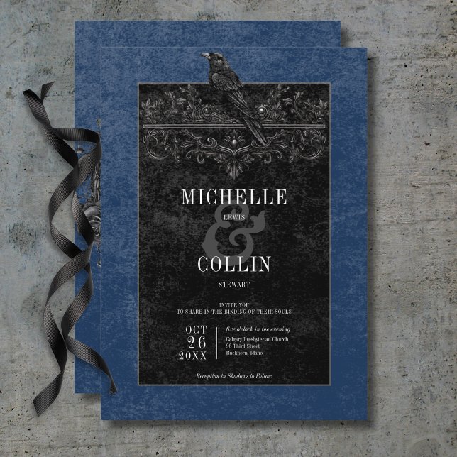 Gothic Black Raven & Black Rose Blue Wedding Einladung (Gothic Black Raven & Black Roses Blue Wedding Invitation)