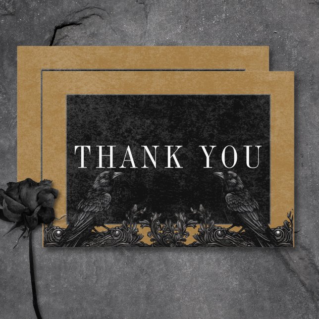 Gothic Black Raven & Black Rose Gold Details Dankeskarte (Gothic Black Raven & Black Roses Gold Details Thank You Card)
