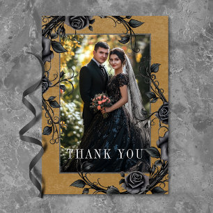 Gothic Black Raven Black Rose Gold Foto Hochzeit Dankeskarte