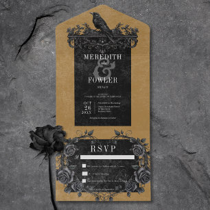 Gothic Black Raven & Black Rose Gold No Dinner All In One Einladung