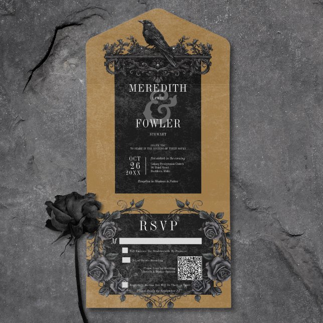 Gothic Black Raven & Black Rose Gold QR Code All In One Einladung (Gothic Black Raven & Black Roses Gold QR Code All In One Invitation)