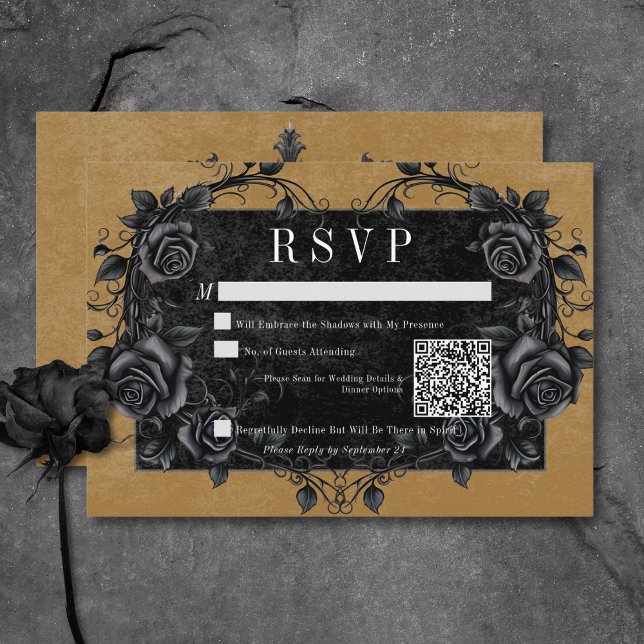 Gothic Black Raven & Black Rose Gold QR Code RSVP Karte (Gothic Black Raven & Black Roses Gold QR Code RSVP Card)