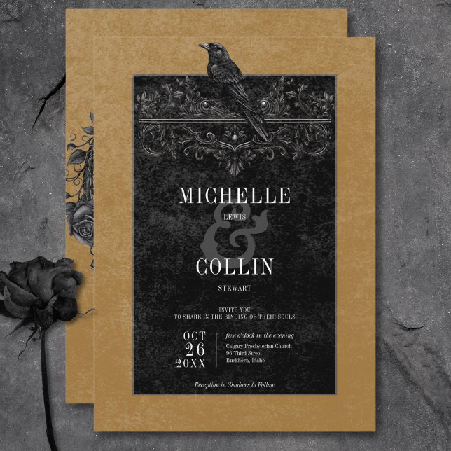 Gothic Black Raven & Black Rose Gold Wedding Einladung (Gothic Black Raven & Black Roses Gold Wedding Invitation)