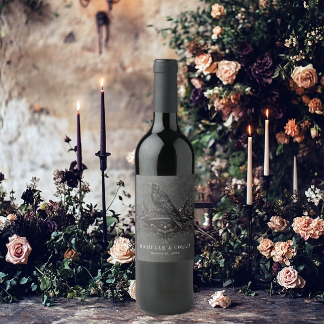 Gothic Black Raven & Black Rose Hochzeit Weinetikett (Von Creator hochgeladen)