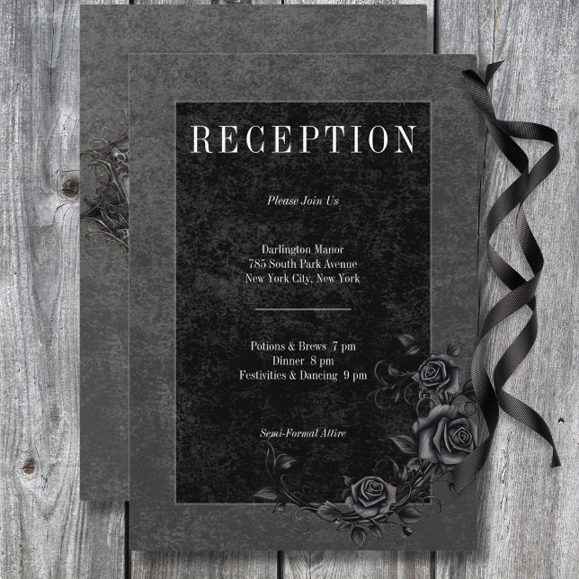 Gothic Black Raven & Black Rose Hochzeitsempfang Begleitkarte (Gothic Black Raven & Black Roses Wedding Reception Enclosure Card)