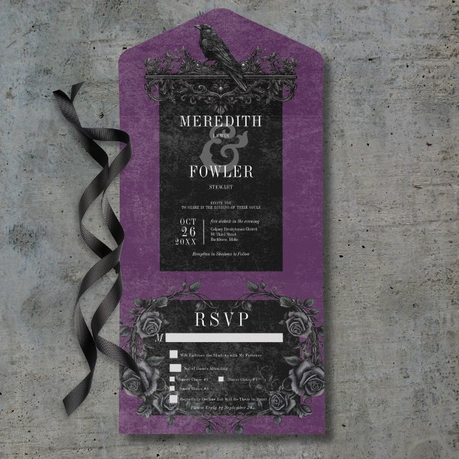 Gothic Black Raven & Black Rose Lila 3 Dinner All In One Einladung (Gothic Black Raven & Black Roses Purple 3 Dinner All In One Invitation)