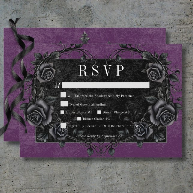 Gothic Black Raven & Black Rose Lila Abendessen RSVP Karte (Gothic Black Raven & Black Roses Purple Dinner RSVP Card)