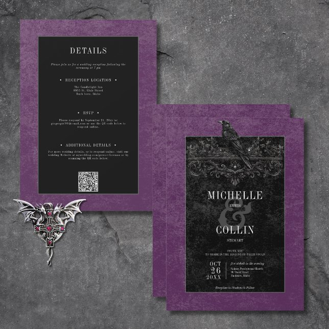 Gothic Black Raven & Black Rose Lila Einladung (Gothic Black Raven & Black Roses Purple All In One Invitation)