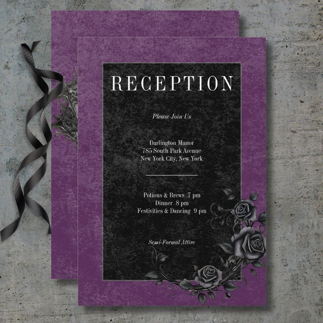 Gothic Black Raven & Black Rose Lila Empfang Begleitkarte (Gothic Black Raven & Black Roses Purple Reception Enclosure Card)