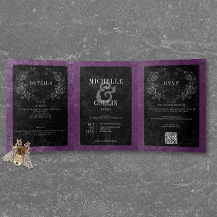 Gothic Black Raven & Black Rose Lila Hochzeit Dreifach Gefaltete Einladung