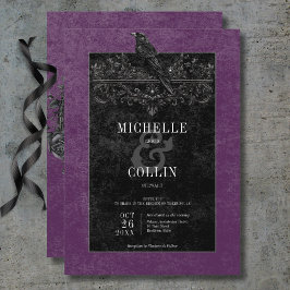 Gothic Black Raven & Black Rose Lila Hochzeit Einladung