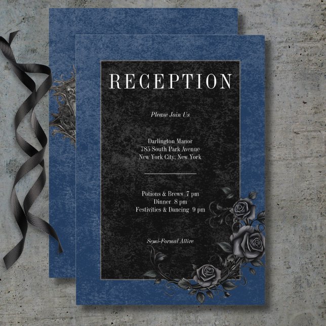 Gothic Black Raven & Black Rose Navy Empfang Begleitkarte (Gothic Black Raven & Black Roses Navy Reception Enclosure Card)