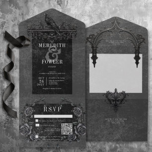 Gothic Black Raven & Black Rose QR Code All In One Einladung