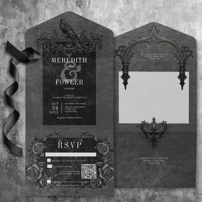 Gothic Black Raven & Black Rose QR Code All In One Einladung (Gothic Black Raven & Black Roses QR Code All In One Invitation with QR Code)