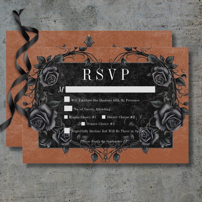 Gothic Black Raven & Black Rose Rost Dinner RSVP Karte (Gothic Black Raven & Black Roses Rust Dinner RSVP Card)