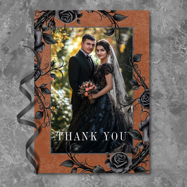 Gothic Black Raven Black Rose Rust Foto Hochzeit Dankeskarte (Gothic Black Raven Black Roses Rust Photo Wedding Thank You Card)