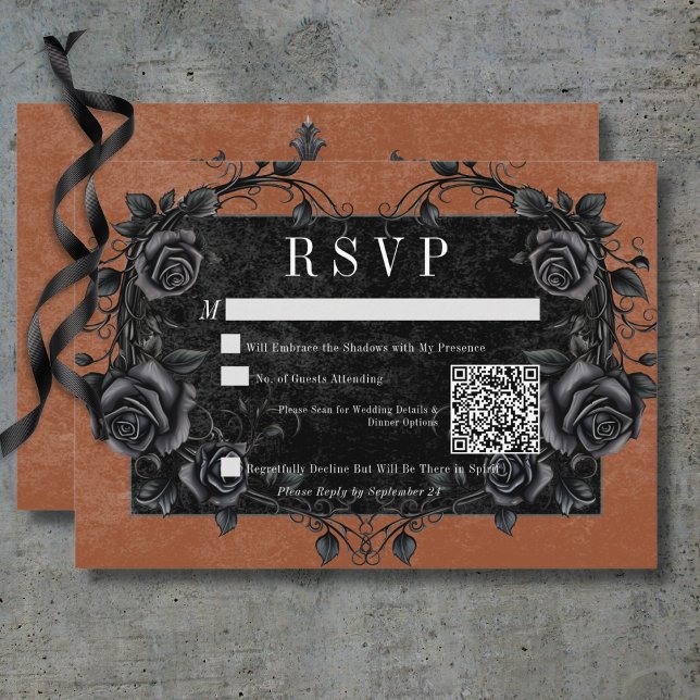Gothic Black Raven & Black Rose Rust QR Code RSVP Karte (Gothic Black Raven & Black Roses Rust QR Code RSVP Card)
