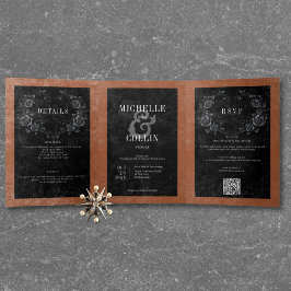 Gothic Black Raven & Black Rose Rust Wedding Dreifach Gefaltete Einladung