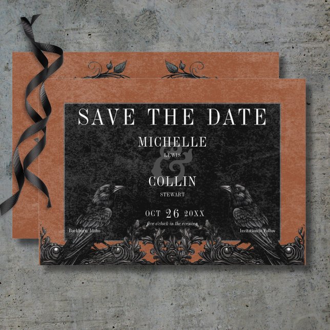 Gothic Black Raven & Black Rose Rust Wedding Save The Date (Gothic Black Raven & Black Roses Rust Wedding Save The Date Card)