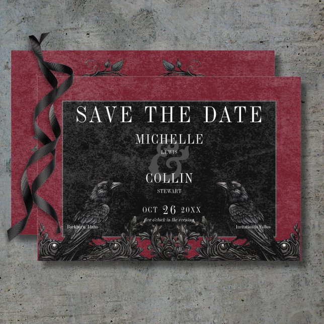 Gothic Black Raven & Black Rose Weinhochzeit Save The Date (Gothic Black Raven & Black Roses Wine Wedding Save The Date Card)