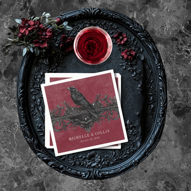 Gothic Black Raven & Black Rose Weinhochzeit Serviette (Gothic Black Raven & Black Roses Wine Wedding Napkins)