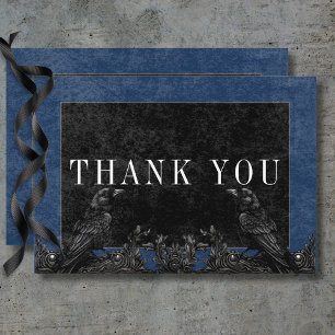 Gothic Black Raven & Black Roses Blaue Details Dankeskarte