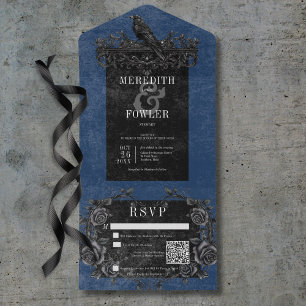 Gothic Black Raven & Black Roses Blue QR-Code All In One Einladung