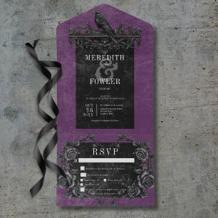 Gothic Black Raven & Black Roses Lila 3 Abendessen All In One Einladung