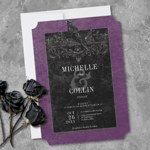 Gothic Black Raven & Black Roses Lila Hochzeit Einladung