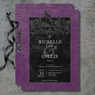 Gothic Black Raven & Black Roses Lila Hochzeit Einladung