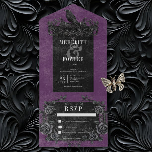 Gothic Black Raven & Black Roses Lila Kein Abendes All In One Einladung