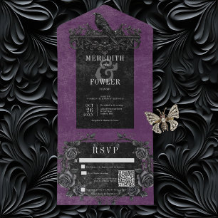 Gothic Black Raven & Black Roses Lila QR Code All In One Einladung