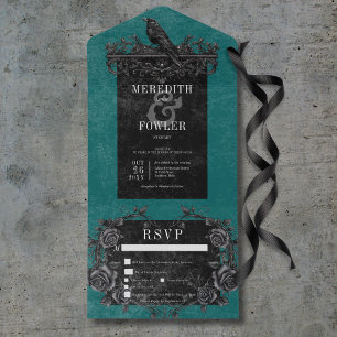 Gothic Black Raven & Black Roses Teal 3 Abendessen All In One Einladung