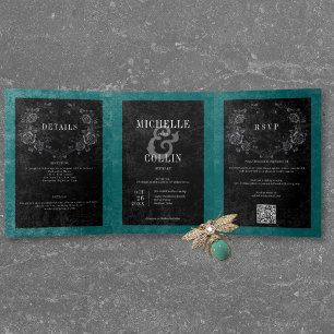 Gothic Black Raven & Black Roses Teal Hochzeit Dreifach Gefaltete Einladung