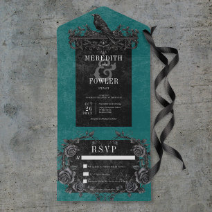 Gothic Black Raven & Black Roses Teal Kein Abendes All In One Einladung