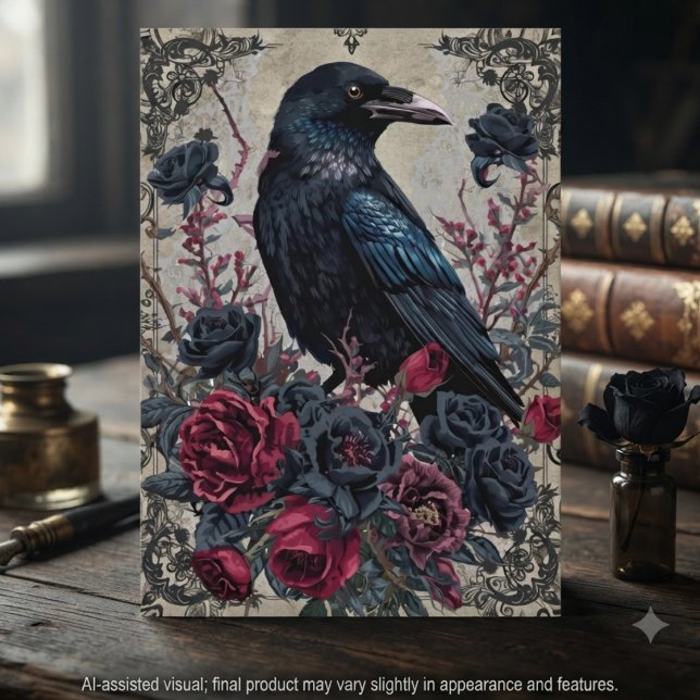 Gothic Black Raven Floral Notecard Karte (Victorian Gothic raven card for dark academia fans to send everyday notes.)