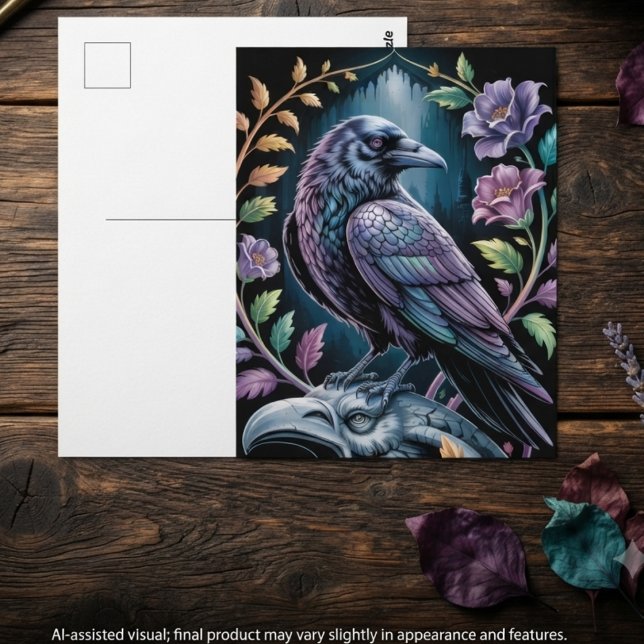 Gothic Black Raven mit Florals Postkarte (Gothic raven postcard for dark academia fans' letter writing.)
