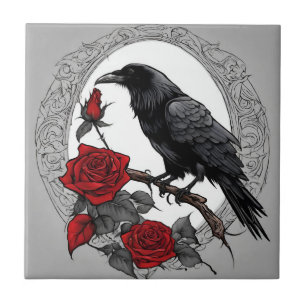 Gothic Black Raven mit Rote Rosen Fliese